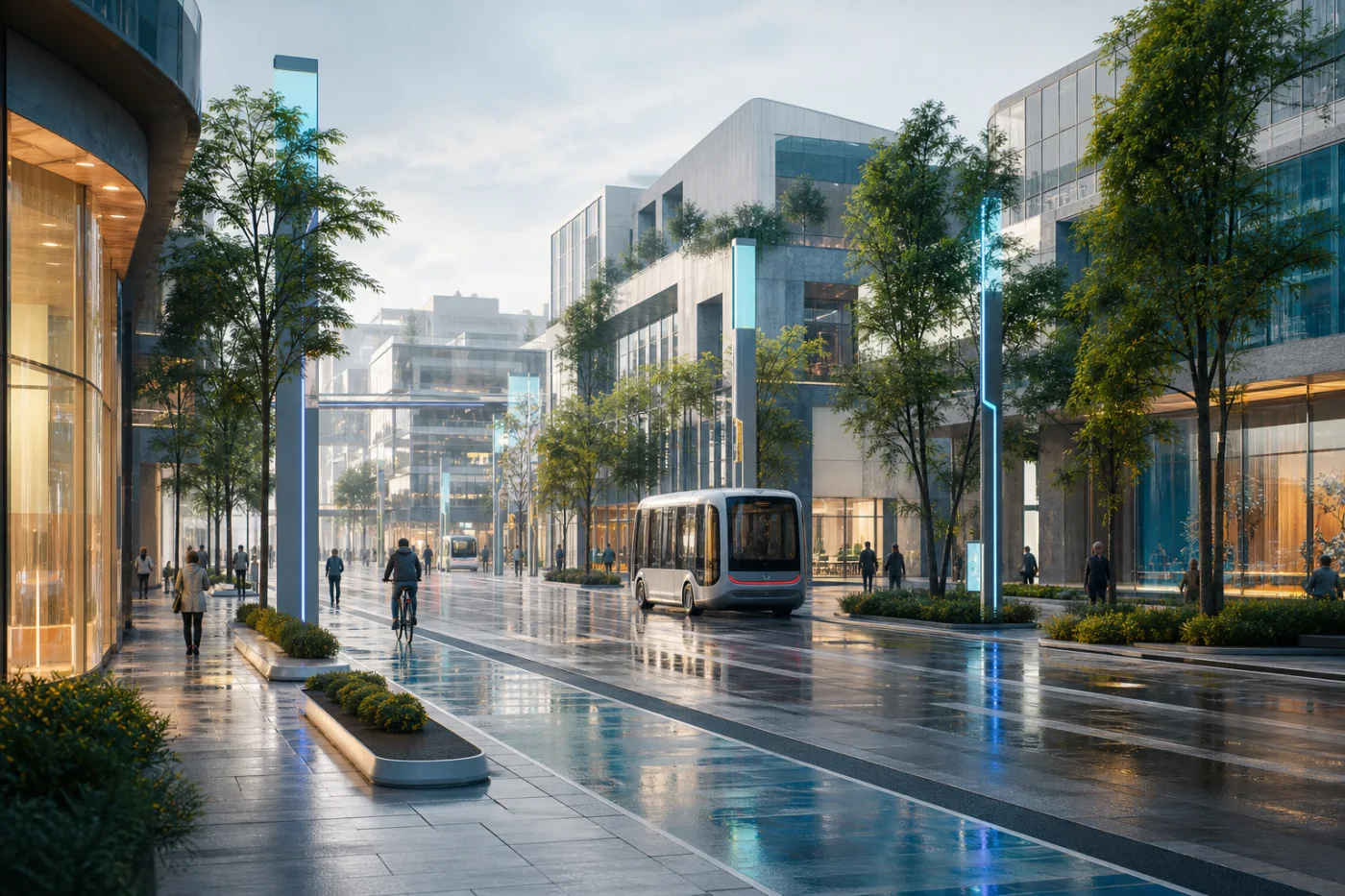 A fictional pedestrian-friendly urban district with autonomous transit